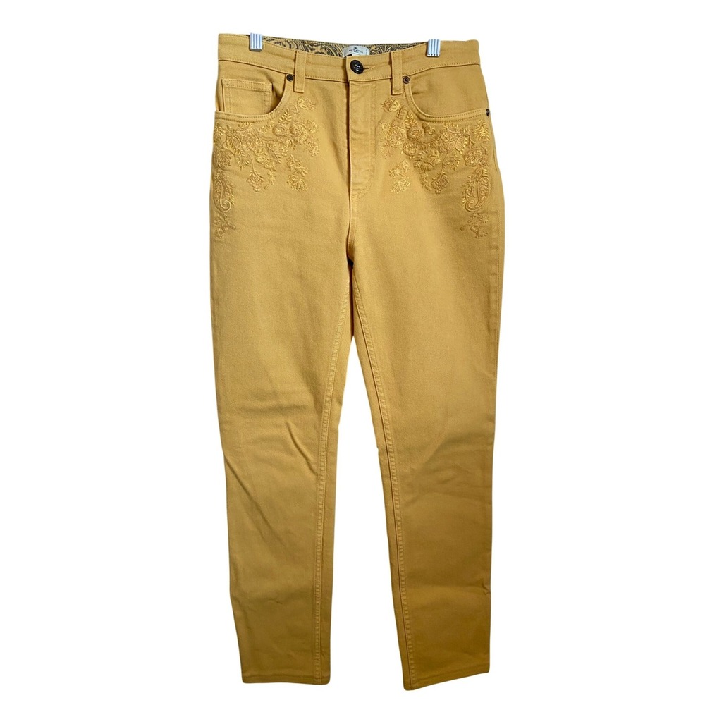 Etro Milano Womens Mustard Yellow Embroidered High Rise Skinny Jeans Size 28